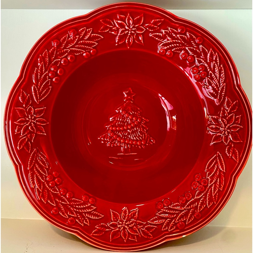 CHRISTMAS TREE Bordallo Pinheiro Red Embossed Serving Bowl